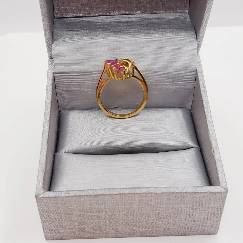 Genuine Marquise Pink Ruby - Simulated Diamonds - 18k Yellow Gold Plated Ring